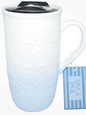 Luna & Sage Blue Matte Ombre 3D Seashell Ceramic Travel Mug With Lid NWT!